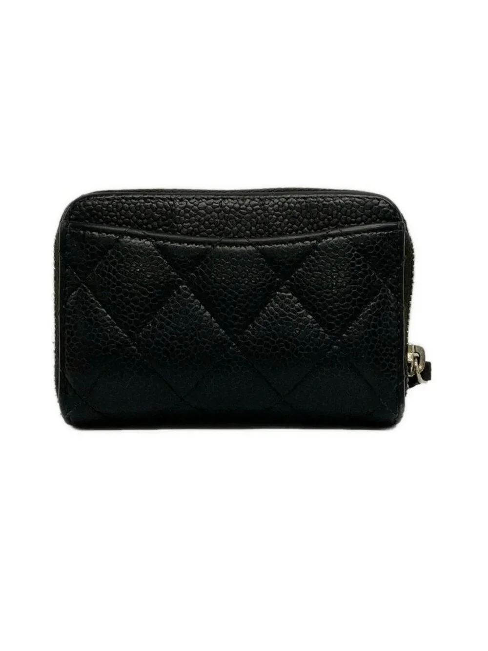 Chanel Coin Case Quilted Black Zip Around CC Logo Silver